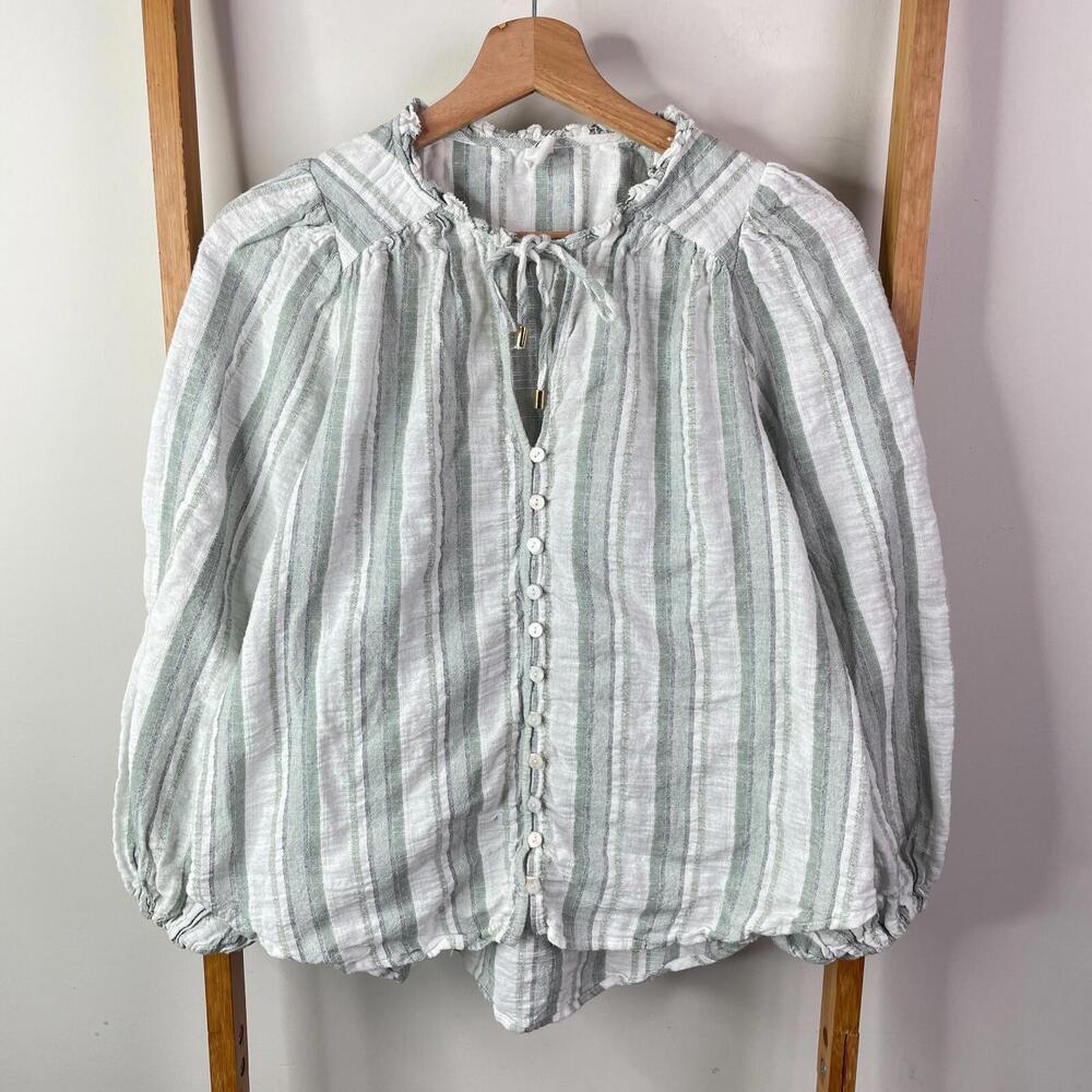 Kivari Blouse Top Womens 10 Green White Stripe Long Sleeve Button Front Tie Neck